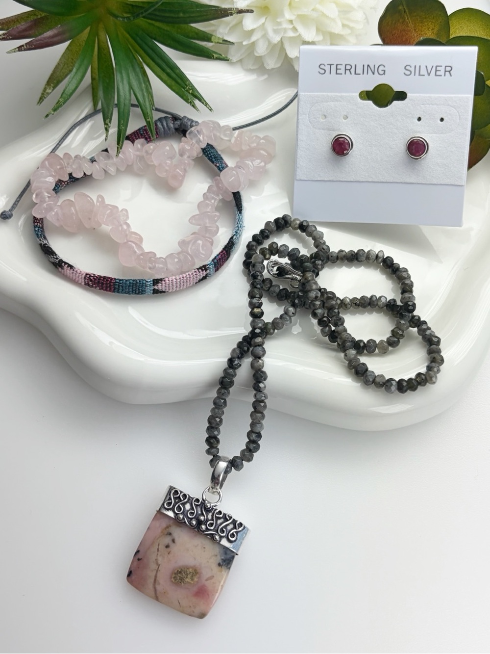 Jewelry Lot Peruvian Pink Opal Pendant Moonstone Necklace Ruby Earrings 925 - Picture 2 of 9